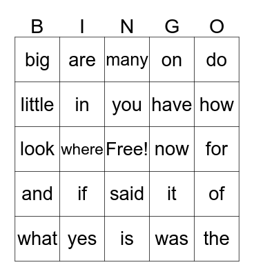 Sight Words Bingo Card