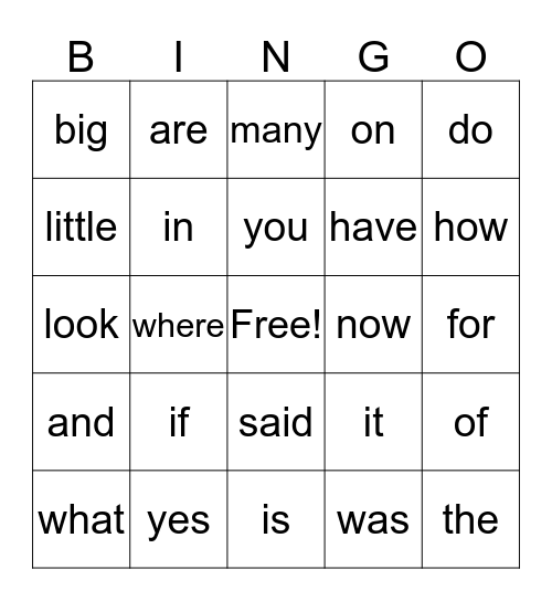 Sight Words Bingo Card