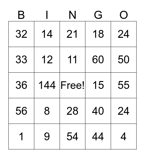 Math Bingo Card