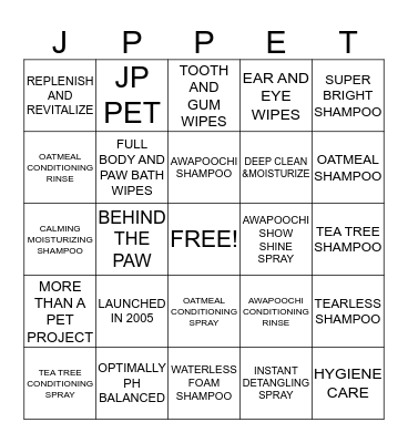 JP PET Bingo Card