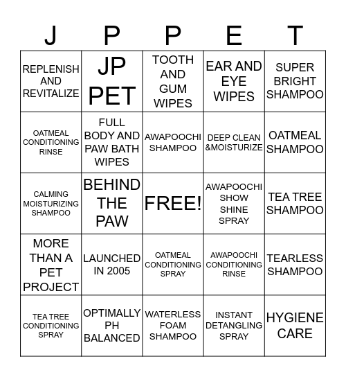 JP PET Bingo Card