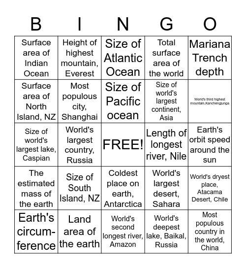 World superlatives Bingo Card