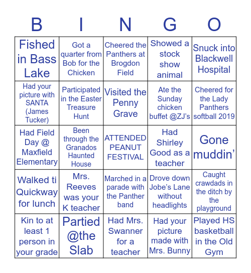 GORMAN BINGO (40&under) Bingo Card