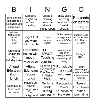 Working From Home During a Global Pandemic BINGO Card