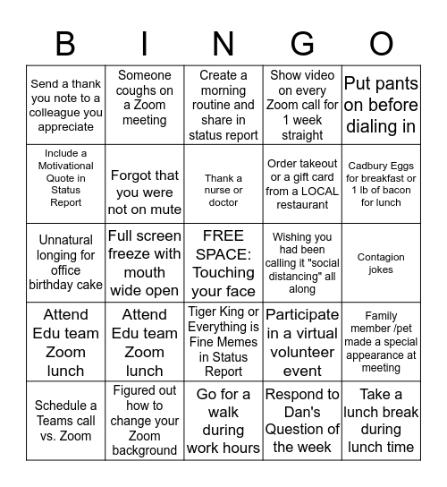 Working From Home During a Global Pandemic BINGO Card