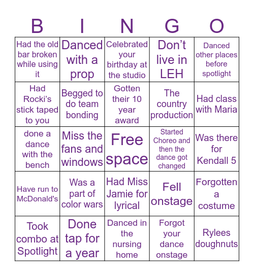 🩰💜SPOTLIGHT BINGO💜🩰 Bingo Card