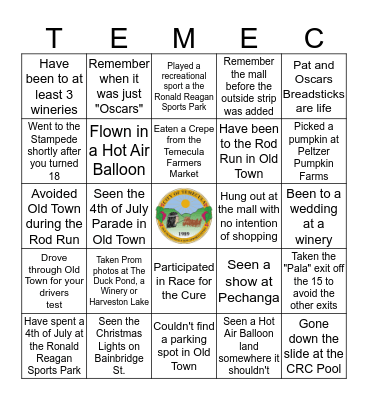 Temecula Bingo! Bingo Card