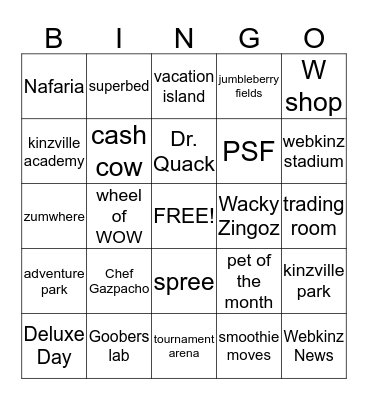 webkinz bingo Card