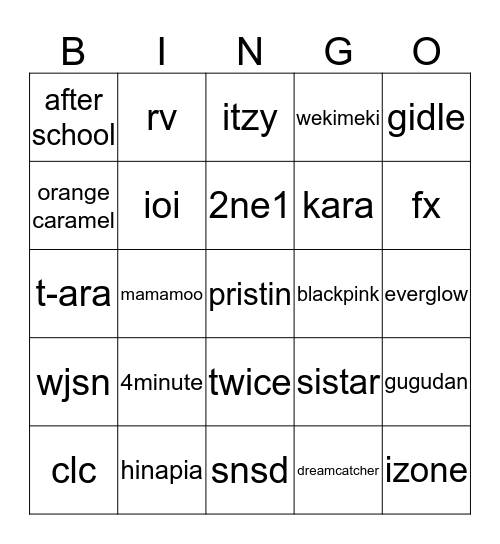 Girlgroup Bingo Card