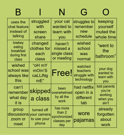 online learning class bingo