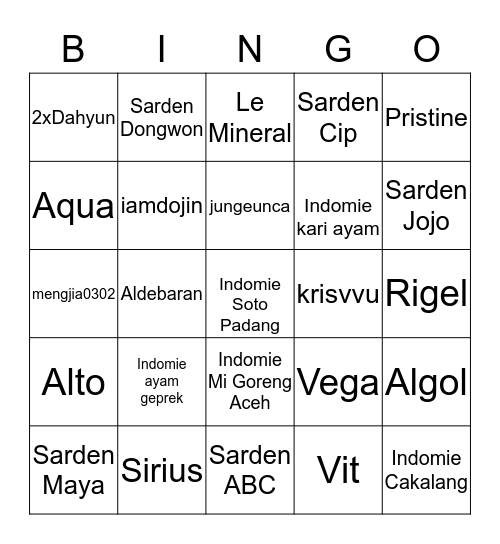 Berudu Bingo Card