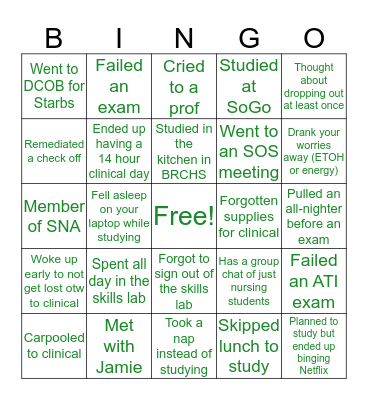 JU Nursing Bingo Card