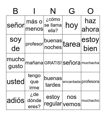 Greetings Spanish 1 Bingo Card