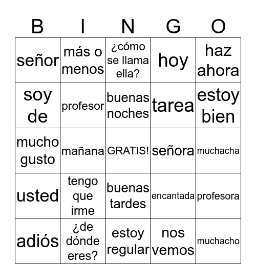 Greetings Spanish 1 Bingo Card