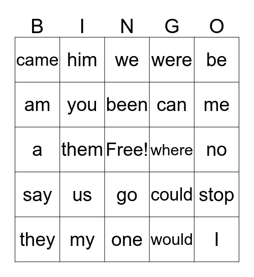 Sight Word- Kinder Bingo Card