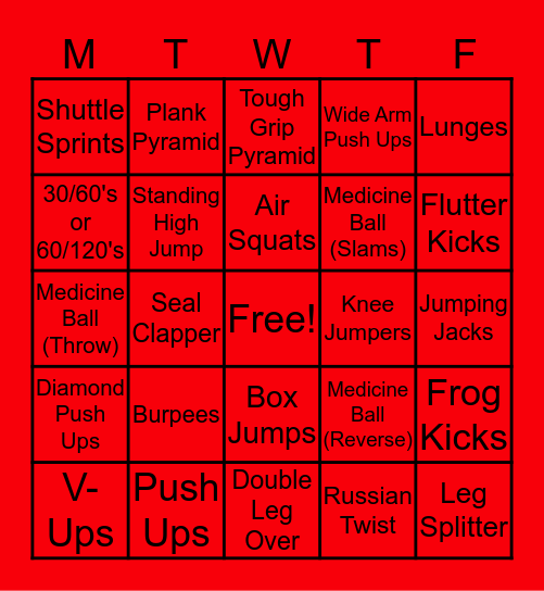 Renegade Workout Challenge Bingo Card