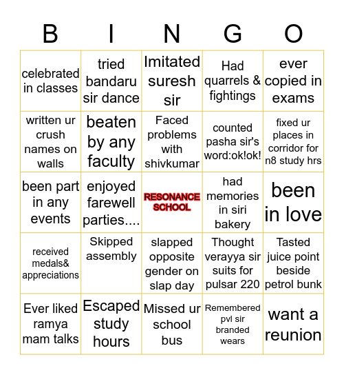 RESONANCE Bingo Card