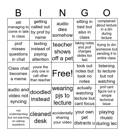 Online Lectures Bingo Card
