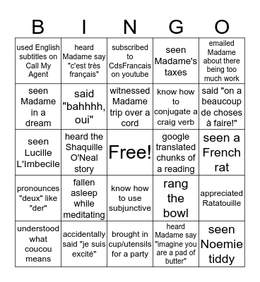 French Class Bingo Card