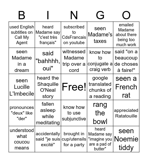 French Class Bingo Card