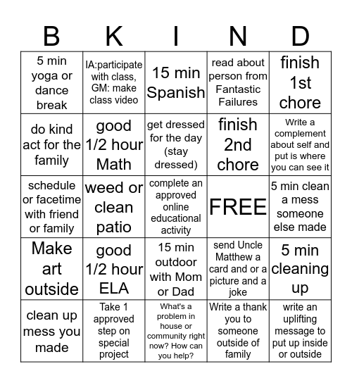 House Fun Bingo Card