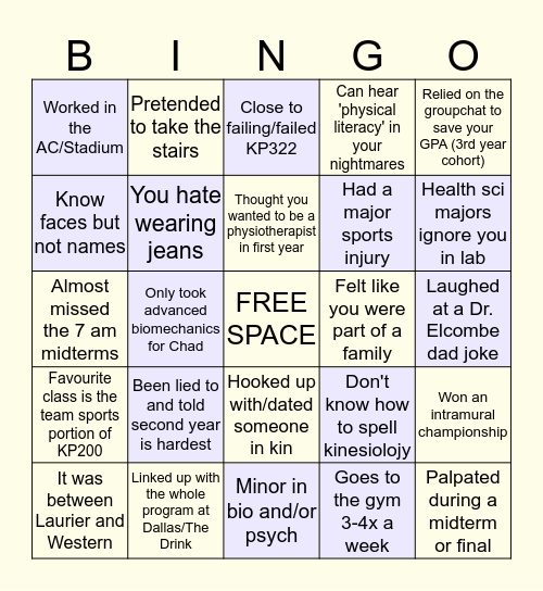 WLU KINESIOLOGY BINGO Card