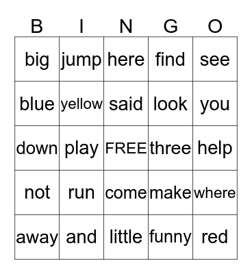 Pre-Primer SIght words Bingo Card