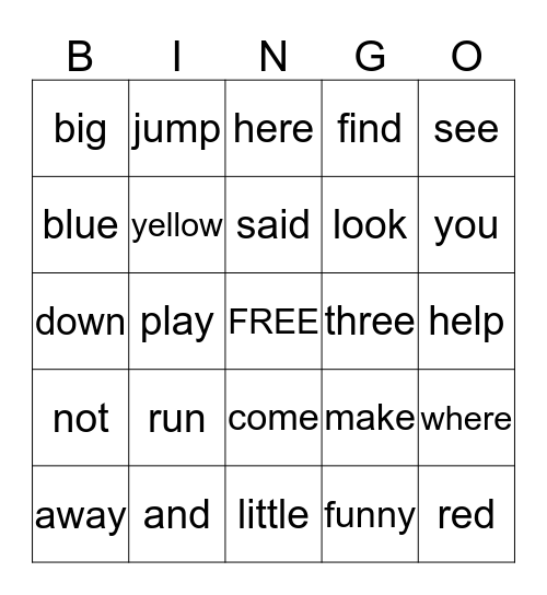 Pre-Primer SIght words Bingo Card