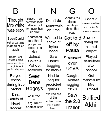 CarBoys Sixth Form Bingo Card