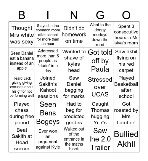 CarBoys Sixth Form Bingo Card