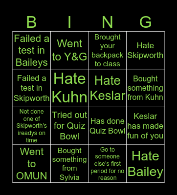 GREEN JR. HIGH Bingo Card