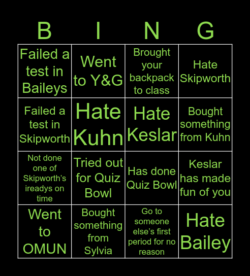 GREEN JR. HIGH Bingo Card