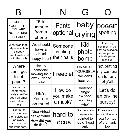 Zoom bingo: Bingo Card