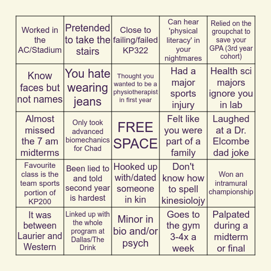 WLU KINESIOLOGY BINGO Card