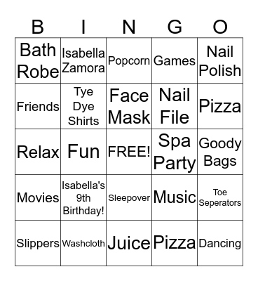 Isabella's 9th Birthday!!! Bingo Card
