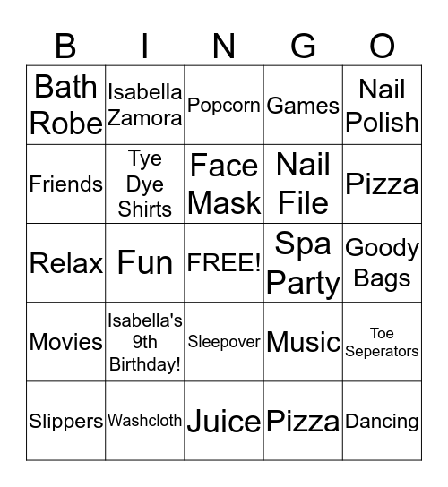 Isabella's 9th Birthday!!! Bingo Card