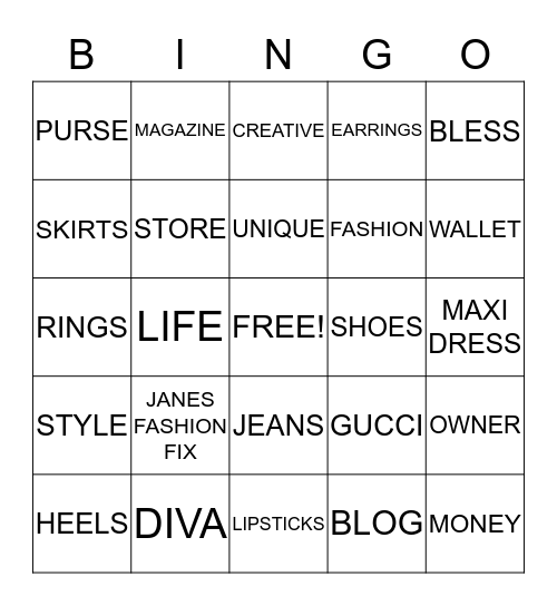 Fun @ JanesFashionFix.com Bingo Card