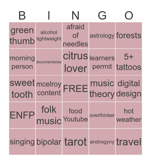 how similar are you to Alex Bingo Card