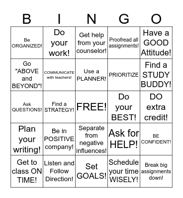 Study Skills Bingo Card