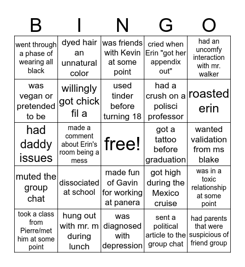 squab (gavin, schaf, erin, bri, mai, kate, and lizzy) Bingo Card