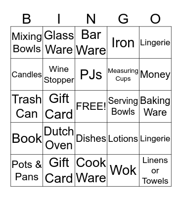 Britany's Bridal Shower Bingo Card