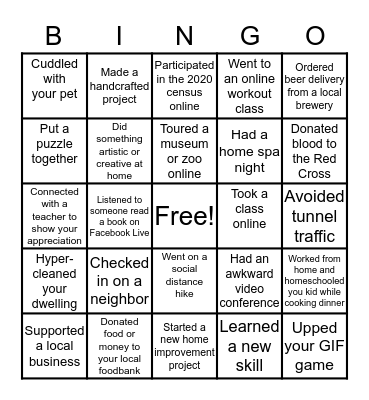 Social Distancing Bingo Card