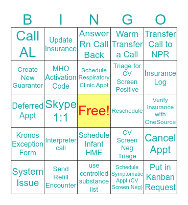 Operation Isolation Bingo Card