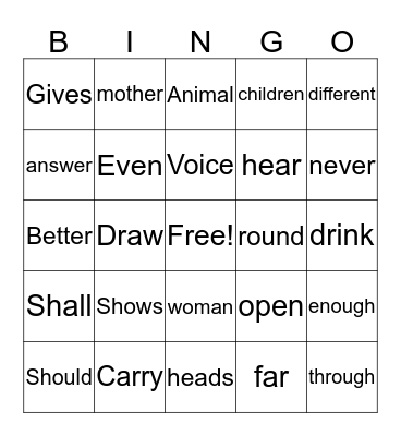 Sight Words Bingo Card
