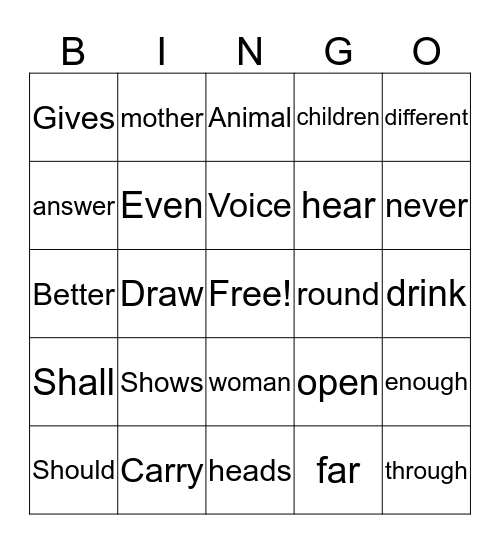 Sight Words Bingo Card
