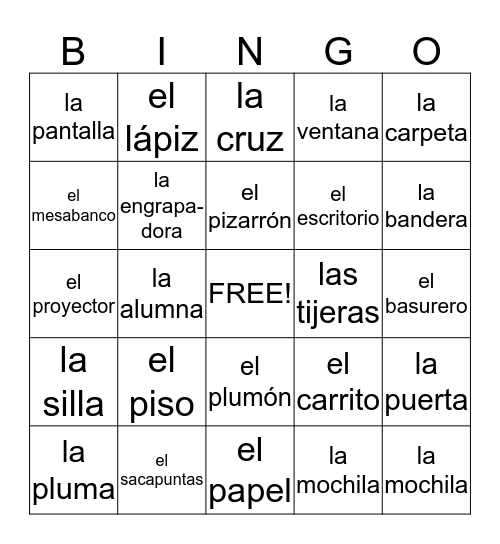Los Objetos en la Clase de Español Bingo Card