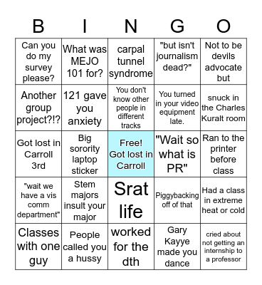 J School Bingo Card