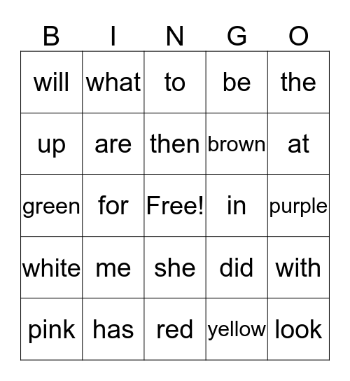 Sight Word Bingo Card