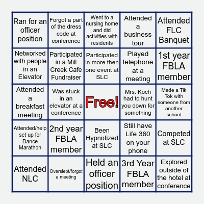 North Cedar FBLA Bingo Card