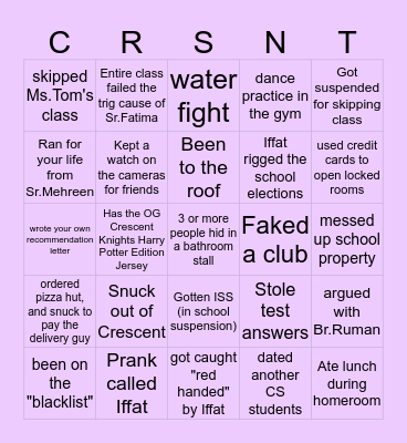 Crescent School Bingo Card